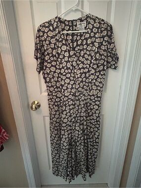 Vintage-Inspired Black Long Dress with Cream Floral Print